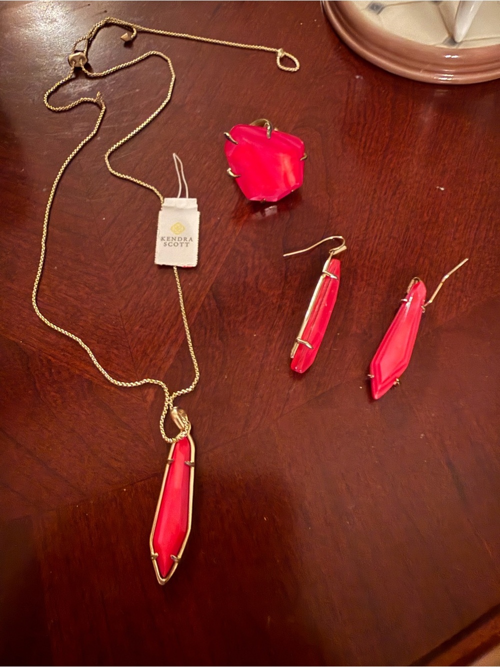 Kendra Scott Hot Pink Gold-Tone Pendant Necklace with Matching Earrings and Ring